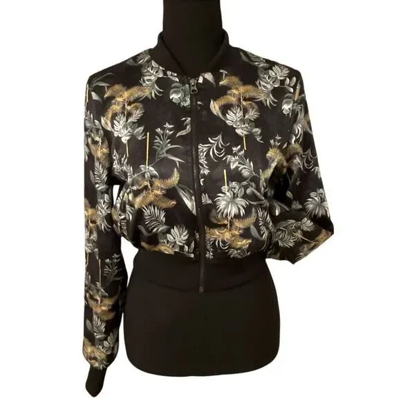 Victoria's Secret Black Luxe Palm Satin Feel Bomber Cropped Jacket - Picture 3 of 12